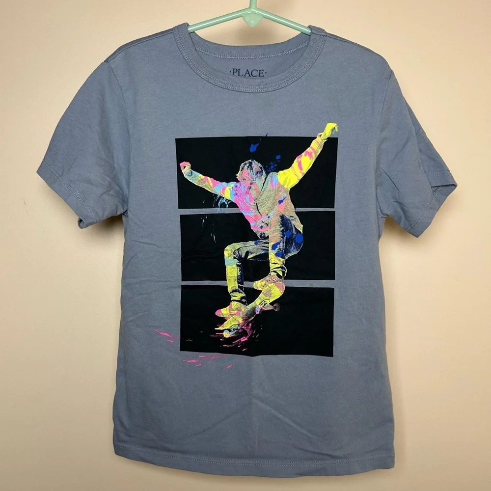 Skater Graphic Tee Shirt Boys S(5/6) Gray & Bold Neon Vans Inspired Cotton Blend